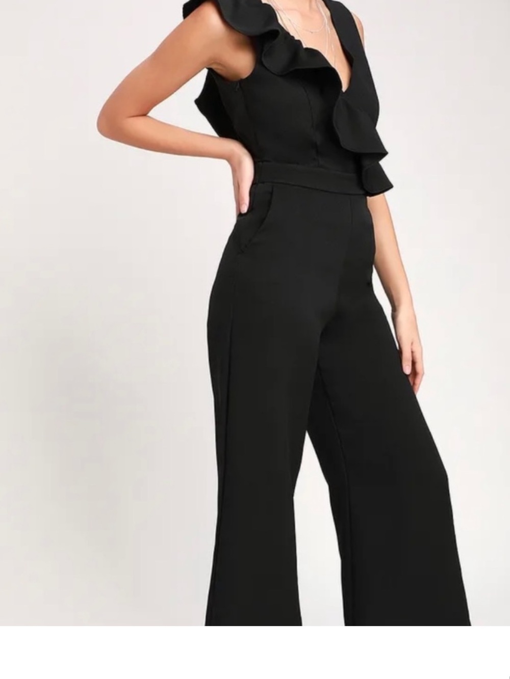 Lulu's Sure to Be Seen Black Ruffle Wide-Leg Jumpsuit